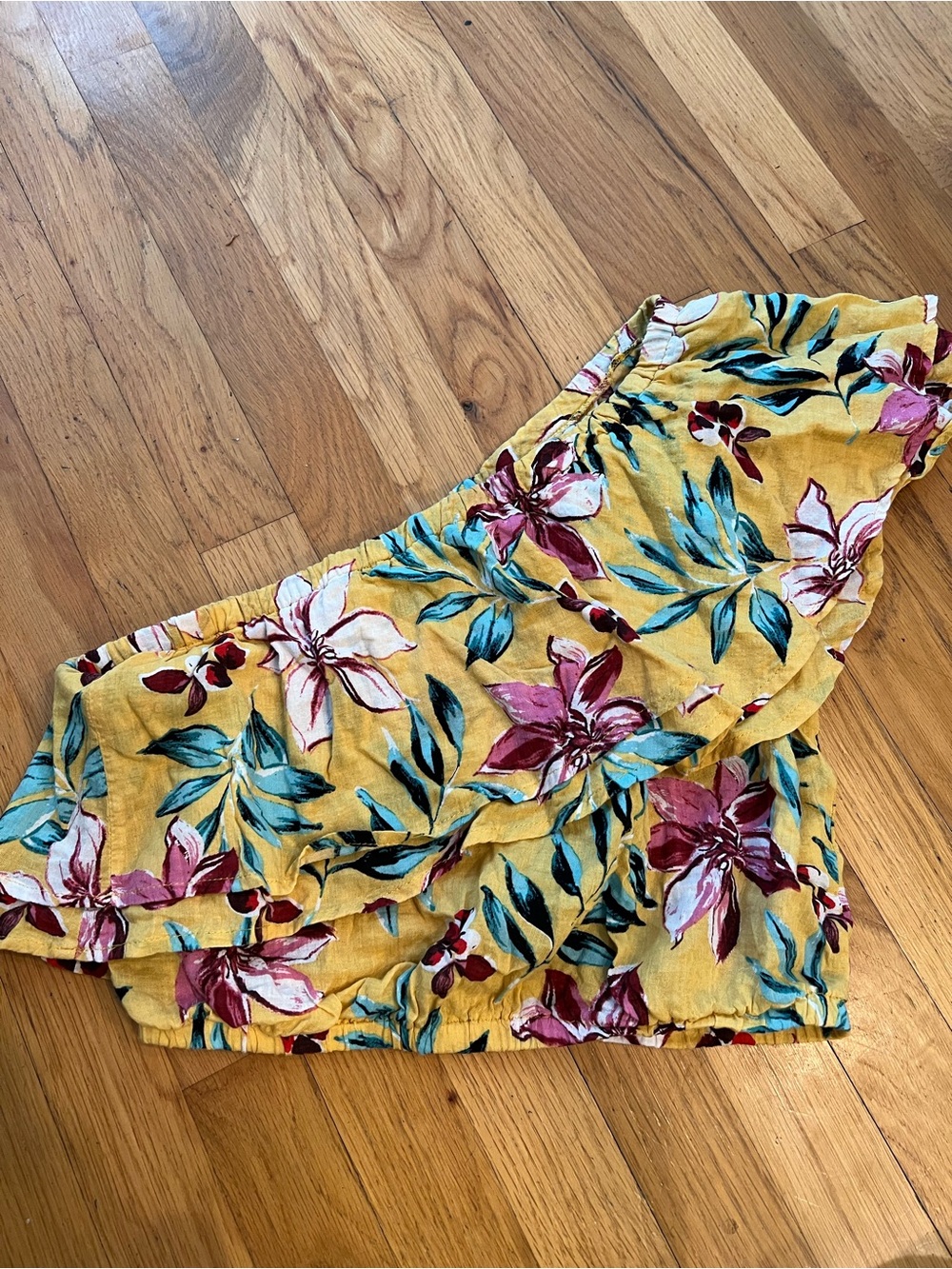 The Impeccable Pig Yellow Floral One shoulder crop Top with Teal Accents